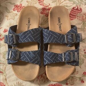 Minnetonka Blue Denim Double Strap Sandals with Buckles